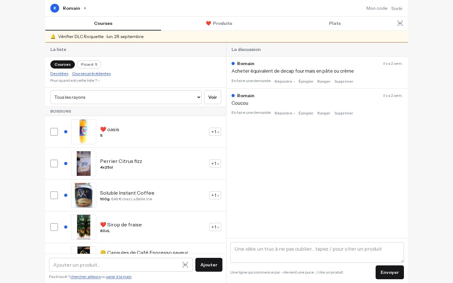 Courses : la liste de la prochaine course, rayon par rayon, avec la photo de chaque produit et la discussion familiale à côté