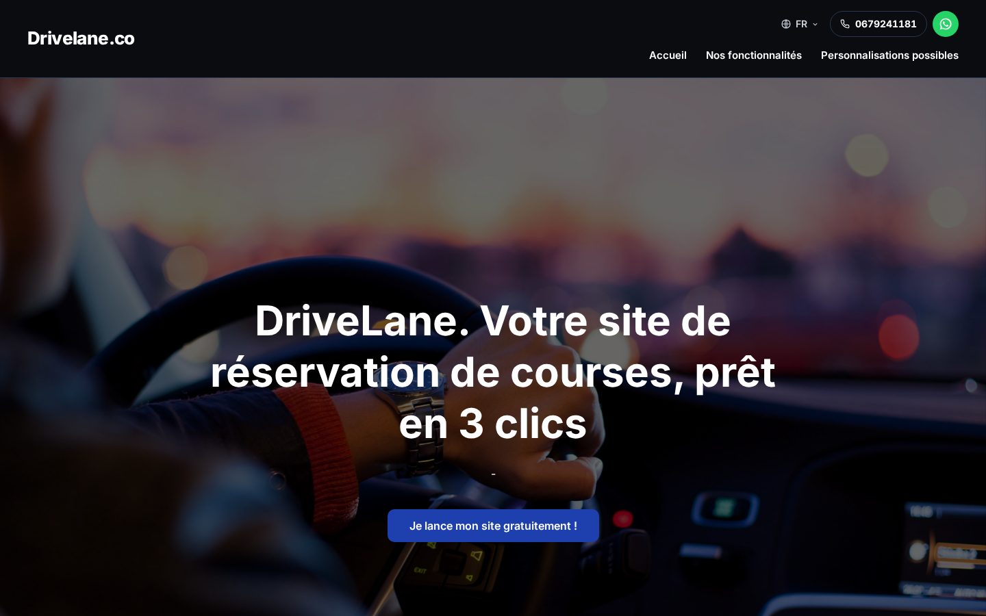Page d'accueil de Drivelane.co : « Votre site de réservation de courses, prêt en 3 clics »