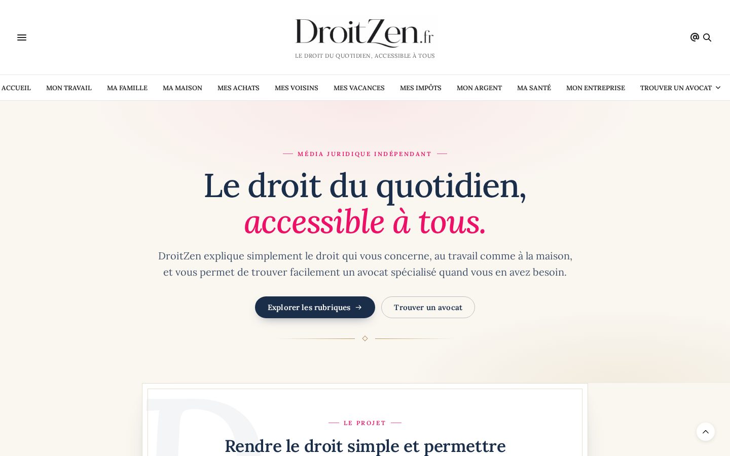 Page d'accueil de DroitZen.fr : « Le droit du quotidien, accessible à tous »