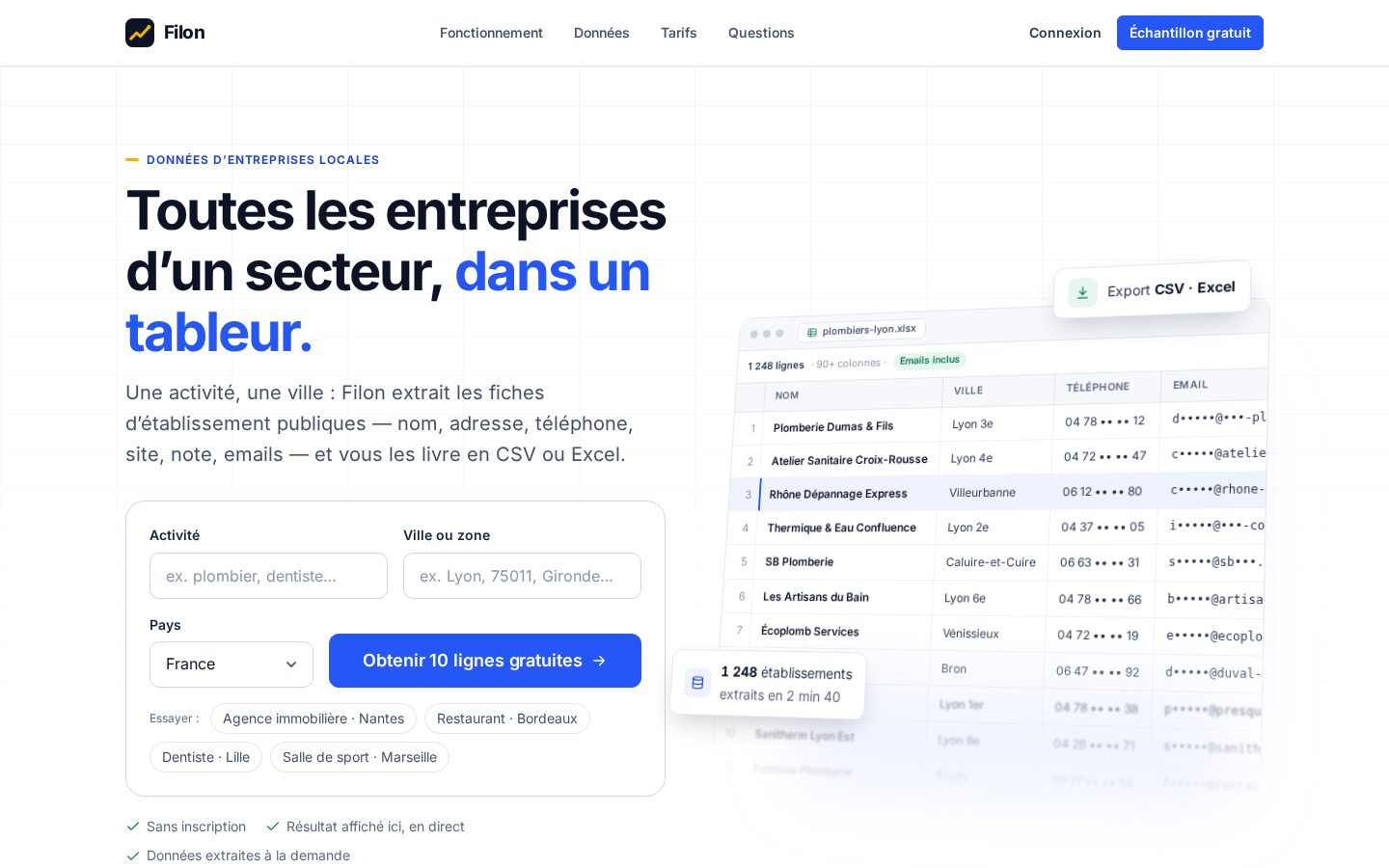 Page d'accueil de Filon : « Toutes les entreprises d'un secteur, dans un tableur », avec le formulaire d'échantillon gratuit et la capture d'un export