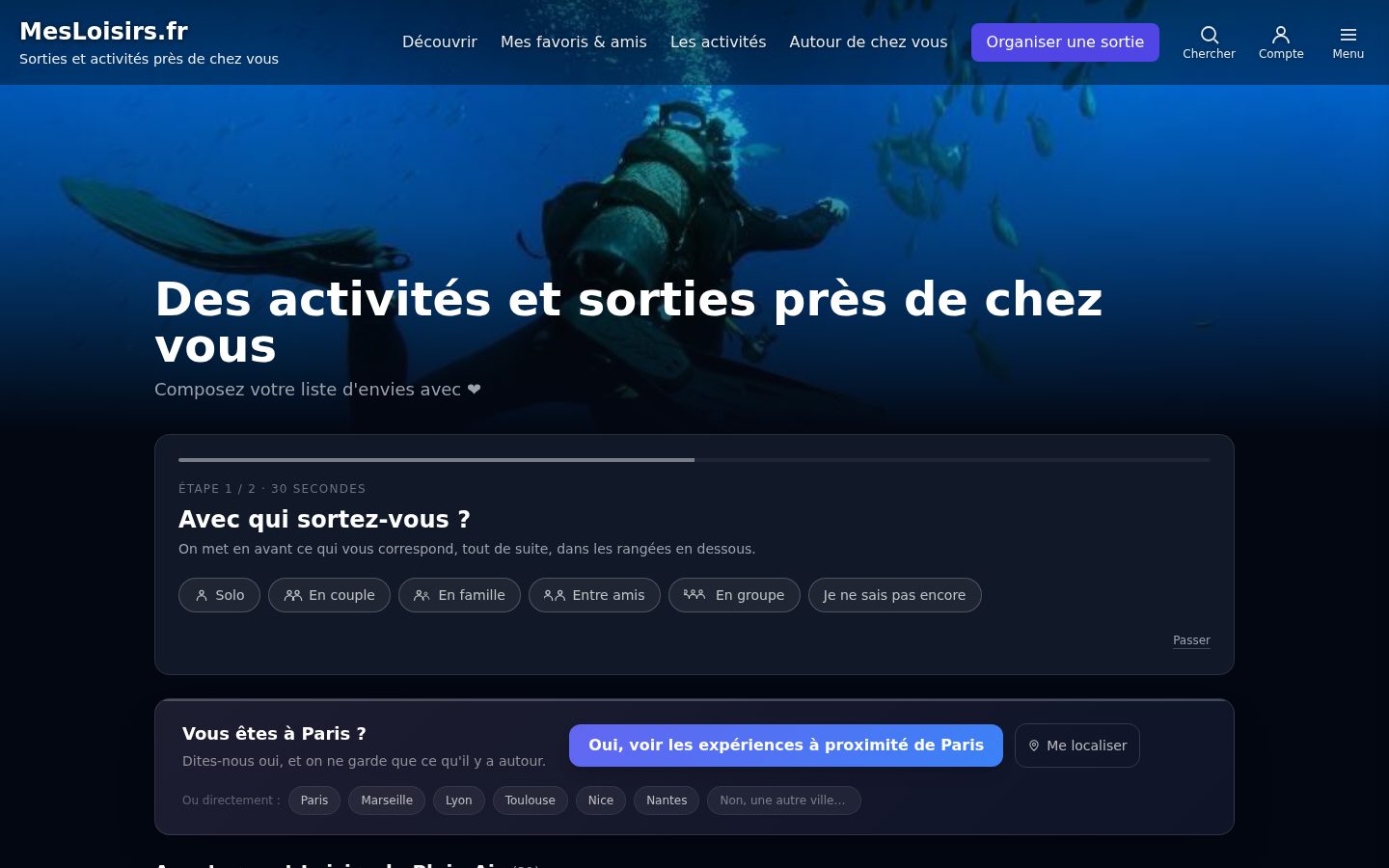 Page d'accueil de MesLoisirs.fr : « Des activités et sorties près de chez vous », avec le choix « Avec qui sortez-vous ? »