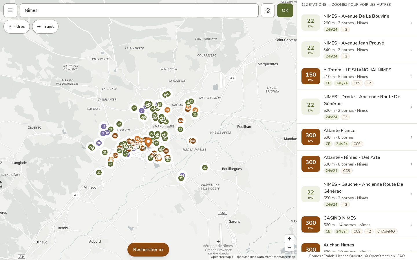 ZE Provençaux : carte des bornes de recharge autour de Nîmes, avec la liste des stations, leur puissance et leurs prises